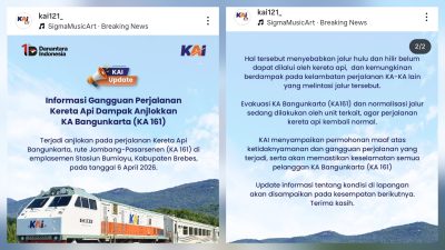 Breaking News! KA Bangunkarta Anjlok di Bumiayu, 13 Perjalanan Kereta Dialihkan via Jalur Utara