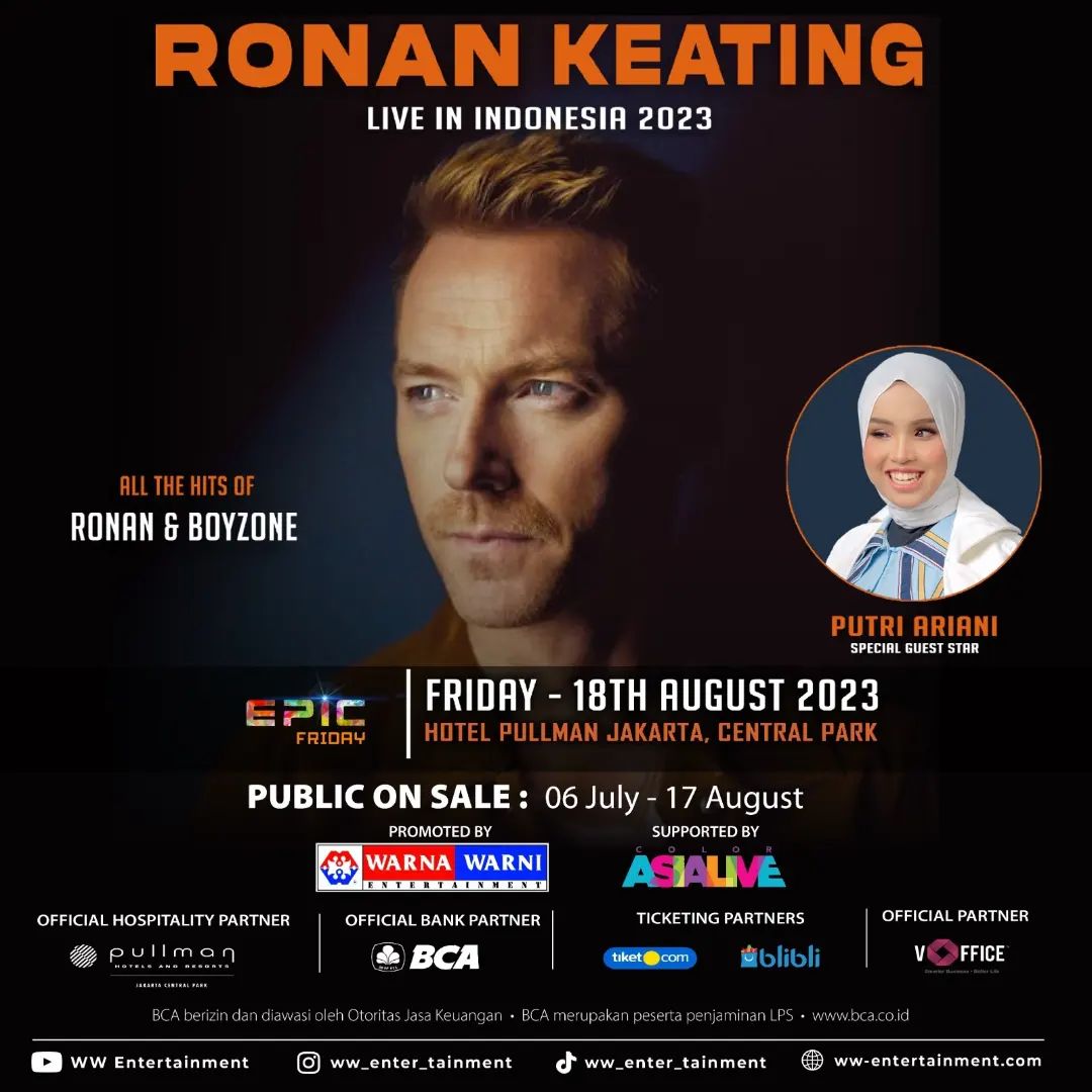 Putri Ariani akan membuka konser solo Ronan Keating di Jakarta (Foto: Instagram @ww_enter_tainment)