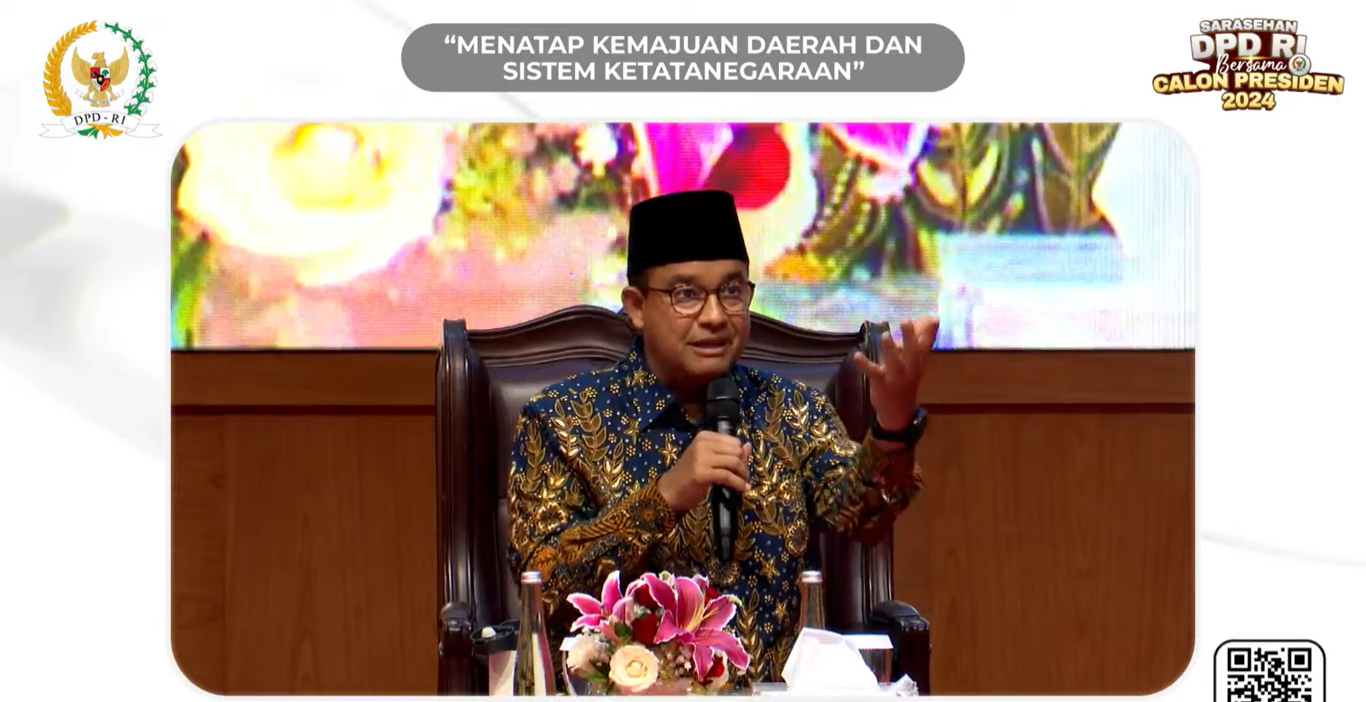 Anies memaparkan enam prinsip dalam mengelola sumber daya alam. Foto: Tangkapan Layar YouTube DPD RI