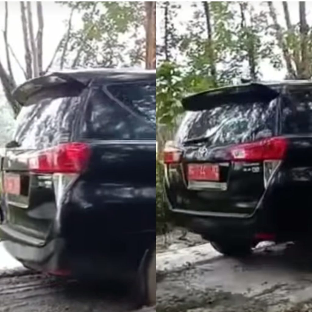 Diduga mobil pelat merah melintasi jalan yang sedang dicor semen. (Foto: Instagram Palembang Informasii)