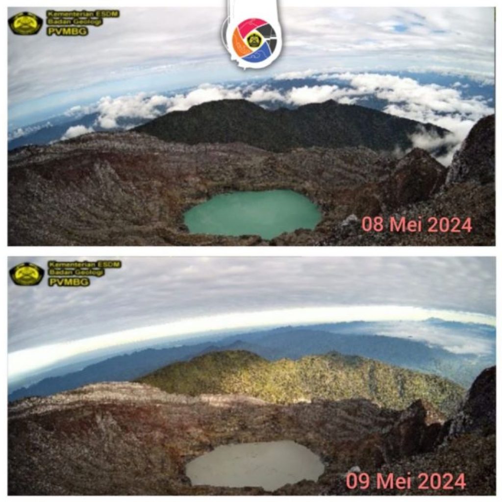 PVMBG mendokumentasikan perubahan warna air danau di kawah Gunung Dempo. Foto: x.com/PVMBG_