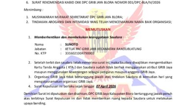 Tak Ada Ampun Bagi Oknum Arogan: DPC GRIB Jaya Blora Resmi Bekukan Keanggotaan Ketua PAC Randublatung. 10 TUTURPEDIA - Tak Ada Ampun Bagi Oknum Arogan: DPC GRIB Jaya Blora Resmi Bekukan Keanggotaan Ketua PAC Randublatung.