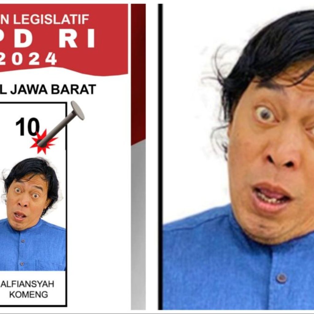 Komedian Komeng gunakan foto unik saat menjadi caleg DPD RI. Foto: Kolase Tuturpedia dan x.com/goodghan