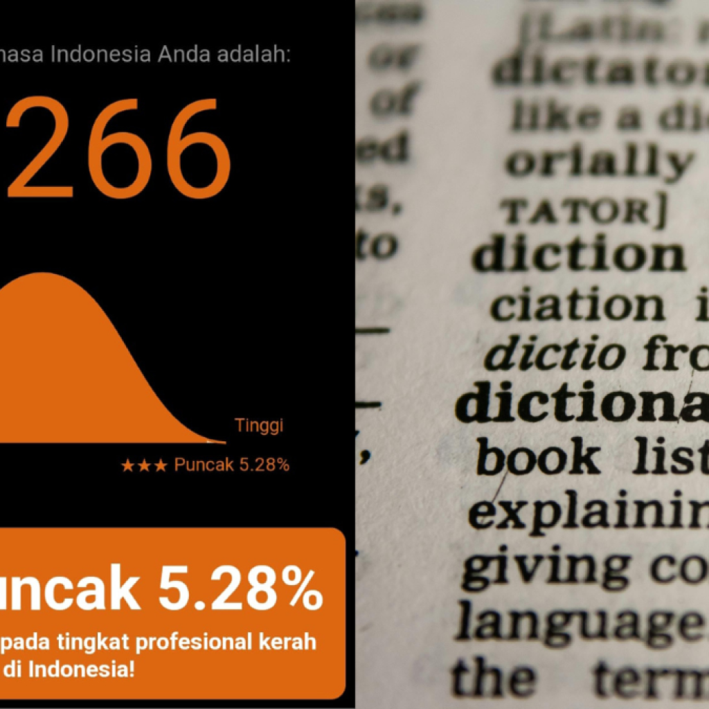Kuis kosakata bahasa Indonesia A Real Me dan ilustrasi kamus. Foto: Tangkapan Layar arealme.com dan pexels.com/pixabay