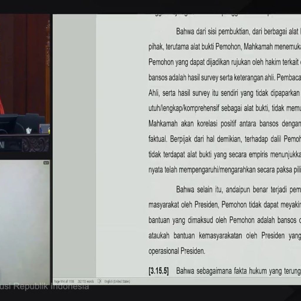 MK Putuskan Tidak Terbukti Bansos Relevan dengan Peningkatan Jumlah Suara Salah Satu Paslon