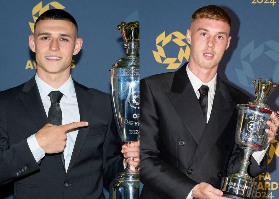 Phil Foden dan Cole Palmer raih trofi PFA. Foto: x.com/pfa