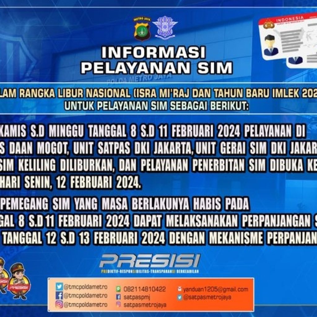 Polda Metro akan dispensasi masa berlaku SIM yang habis saat libur panjang ini. Foto: PMJ News