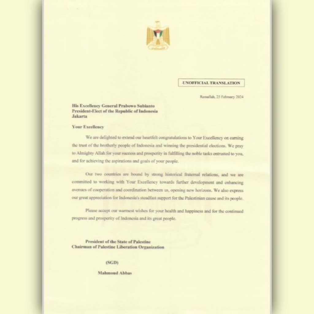 Presiden Palestina beri ucapan selamat untuk Prabowo melalui surat. Foto: x.com/prabowo