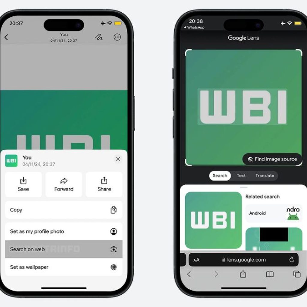 Pengguna WhatsApp akan lebih mudah mencari sumber gambar menggunakan fitur Search on Web. Foto: wabetainfo.com
