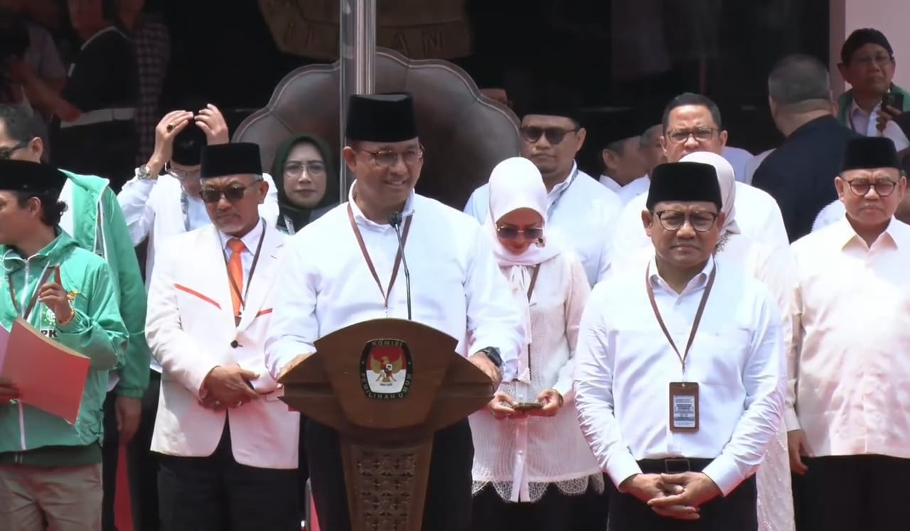 Anies-Cak Imin resmi daftar ke KPU sebagai capres-cawapres. FOTO: Tangkapan Layar YouTube NasDem TV