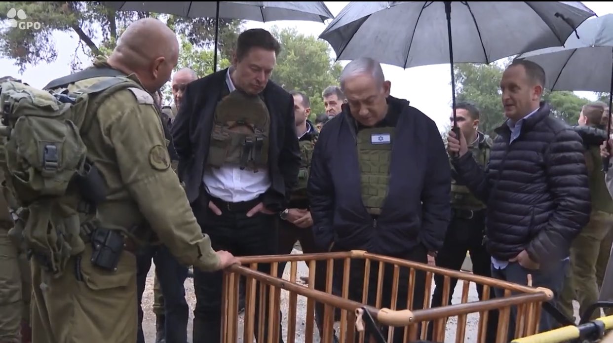 Elon Musk kunjungi Israel dan ditemani berkeliling oleh Benjamin Netanyahu untuk melihat daerah yang terdampak perang. Foto: X.com/HadiNasrallah