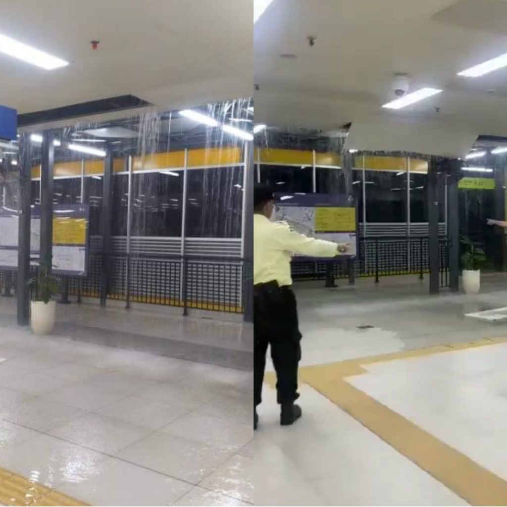 Kebocoran di bangunan penghubung stasiun KRL dan LRT tidak mengganggu layanan operasional. Foto: X.com/jalur5__