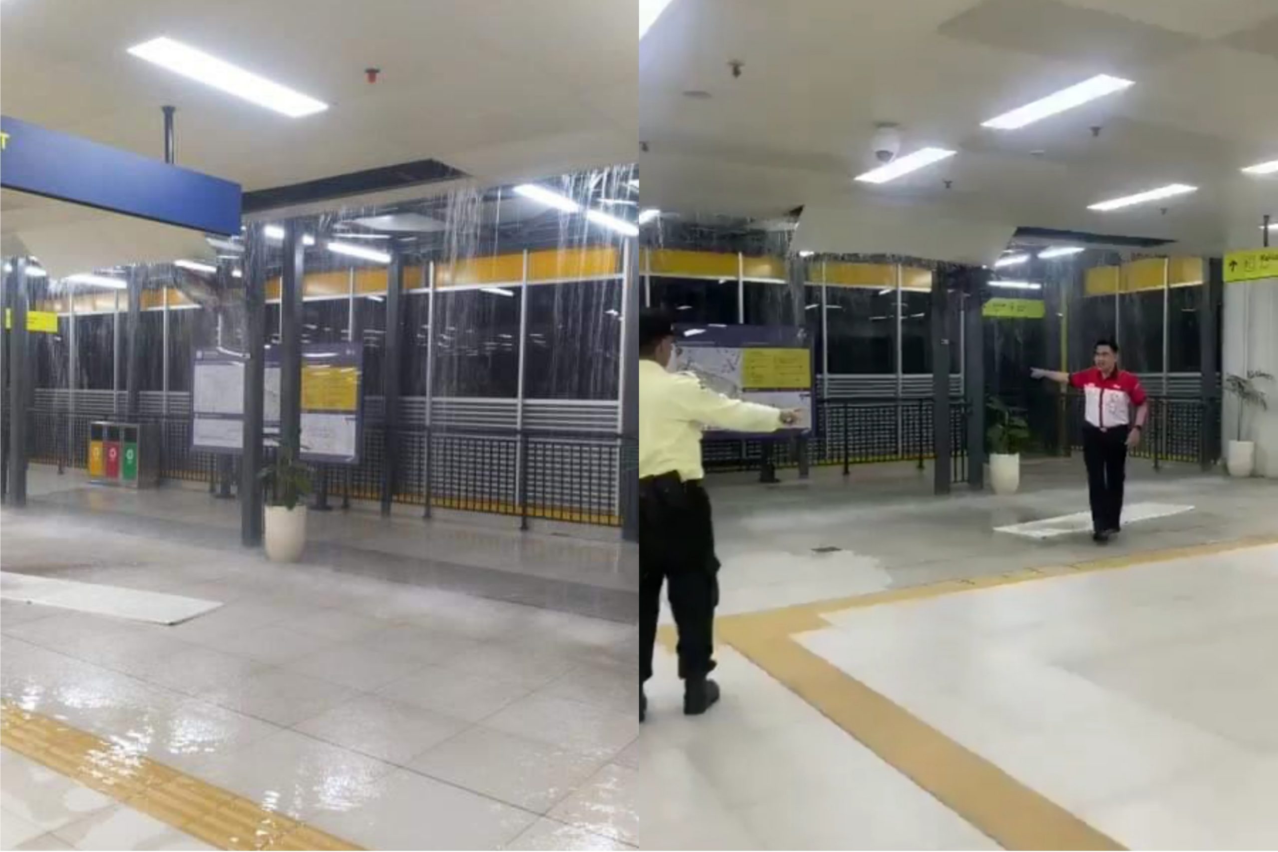 Kebocoran di bangunan penghubung stasiun KRL dan LRT tidak mengganggu layanan operasional. Foto: X.com/jalur5__