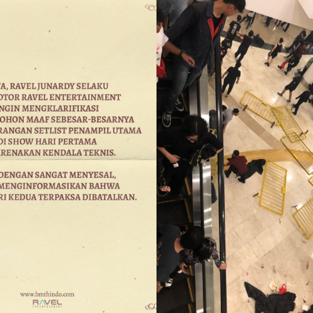 Konser BMTH gagal dilaksanakan karena kesalahan promotor. Foto: Akun X @mazzini_gsp dan Instagram @ravelentertainment