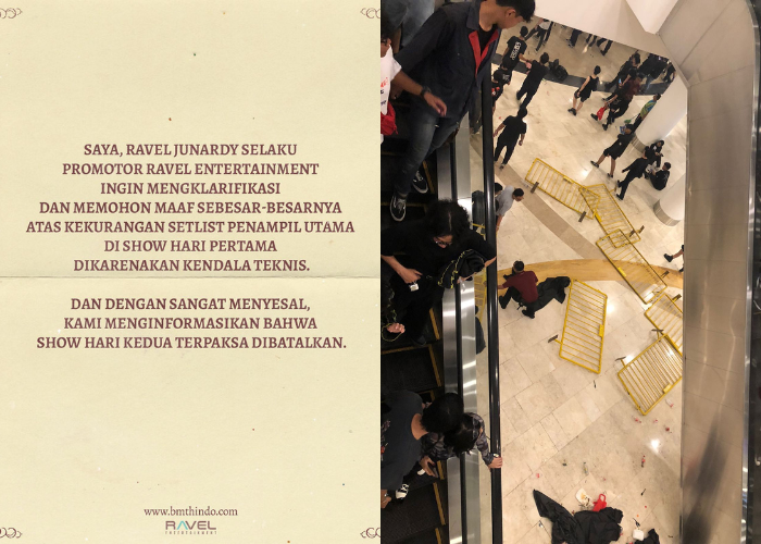 Konser BMTH gagal dilaksanakan karena kesalahan promotor. Foto: Akun X @mazzini_gsp dan Instagram @ravelentertainment