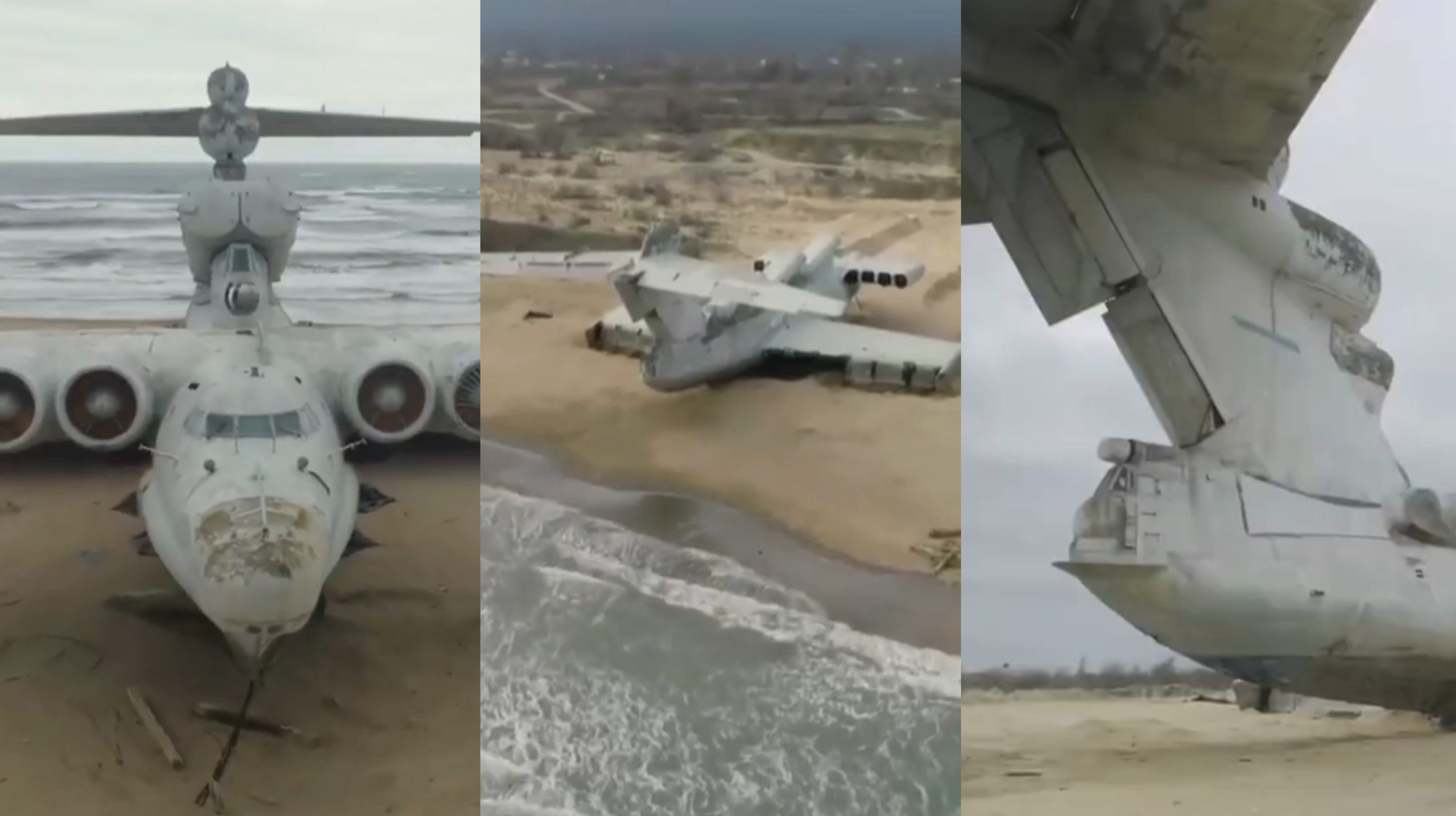 Penampakan pesawat hybrid milik Rusia yang terdampar di Laut Kaspia. (Foto: Tangkapan layar Youtube Short @MilitaryVideos0)