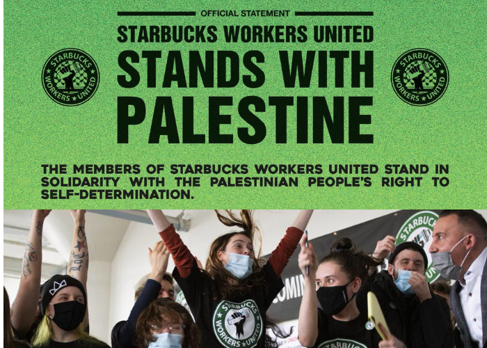Seruan persatuan pekerja Starbucks di Twitter untuk Pro-Palestina digugat pihak pusat karena berbeda keberpihakan. Foto: X.com/SBWorkersUnited