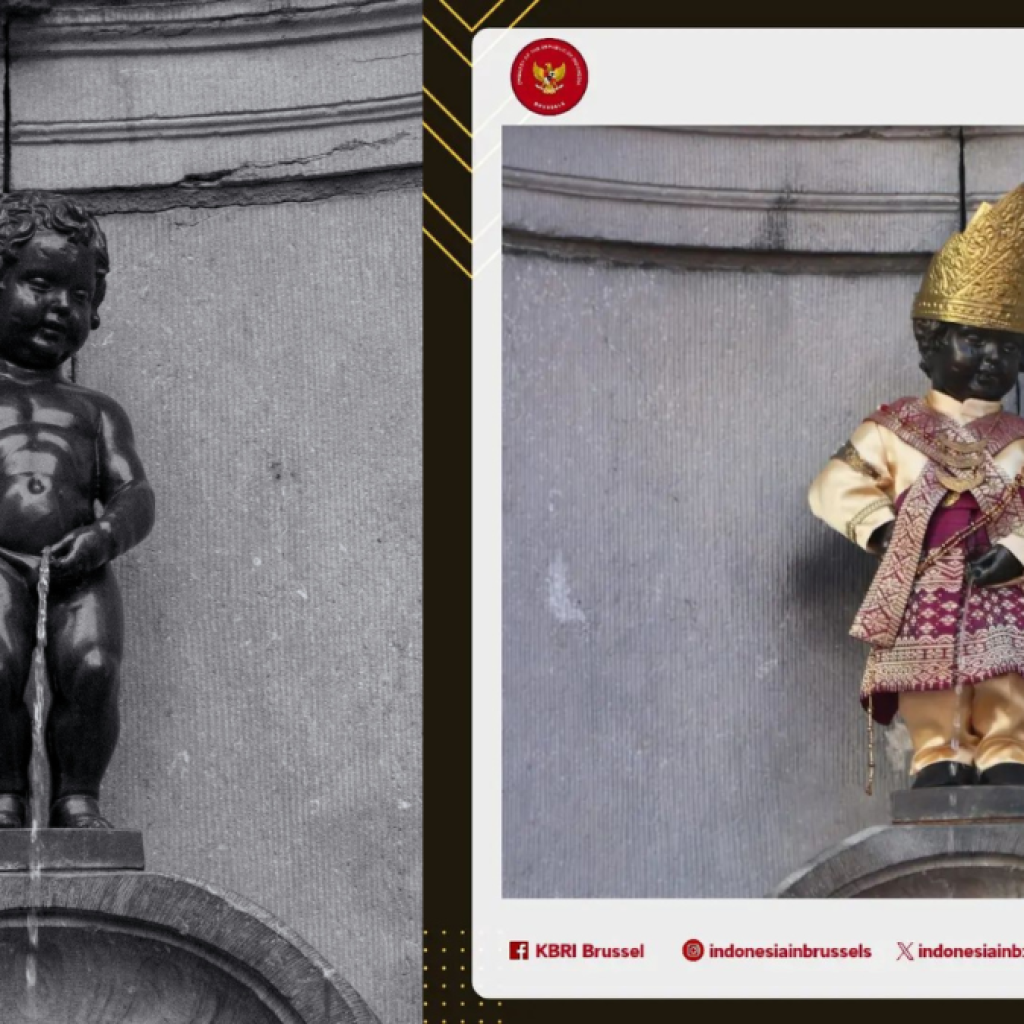 Patung manneken pis mengenakan busana Lampung. Foto: unsplash.com/@andre___mk dan Instagram @indonesiainbrussles