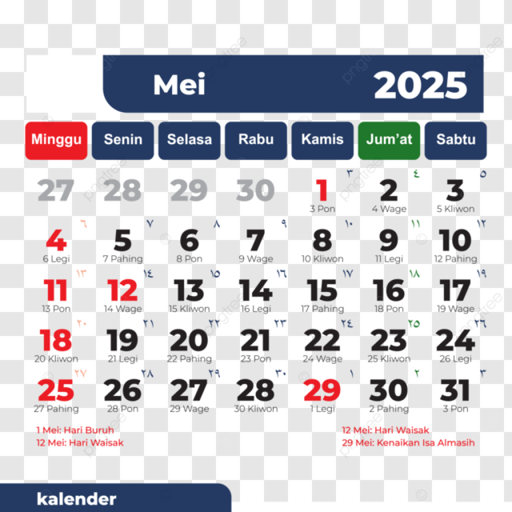 Ilustrasi kalender Mei 2025 berisi tanggal merah, cuti bersama, dan kalender hijriyah 2025